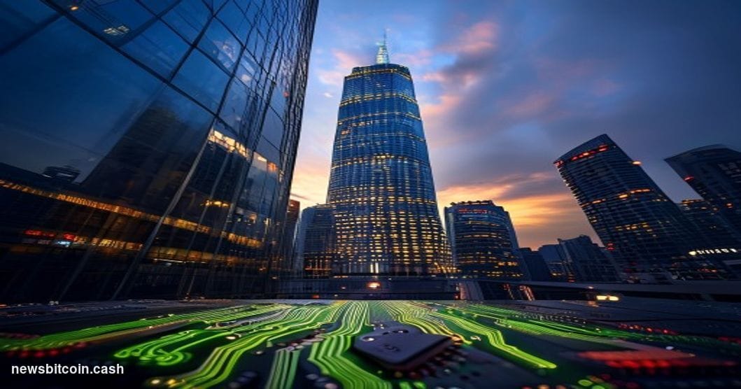 Cinematic photorealistic editorial photograph shot from a low angle looking up at a gleaming Shanghai financial district towe