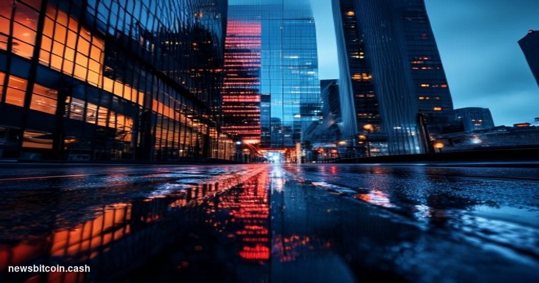 Cinematic photorealistic editorial photograph shot from a low angle looking up at the Tokyo Stock Exchange building facade in
