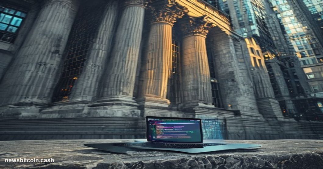 A cinematic photorealistic editorial photograph of the Federal Reserve Bank of New York's neoclassical stone facade on Libert