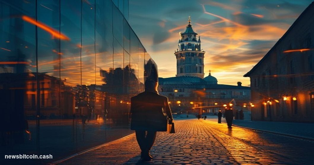 A cinematic photorealistic editorial photograph of the Vilnius, Lithuania old town skyline at dusk, with the iconic Gediminas