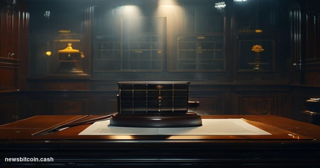 A cinematic photorealistic editorial photograph set inside a formal arbitration or legal chamber, dramatically lit from above