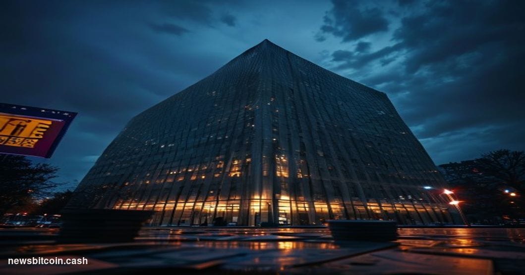 Cinematic photorealistic editorial photograph of the European Central Bank's iconic tower headquarters in Frankfurt, Germany,