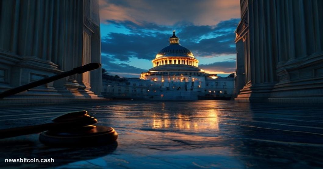 Cinematic photorealistic editorial photograph of the United States Senate chamber exterior at dusk, the Capitol Building's ic