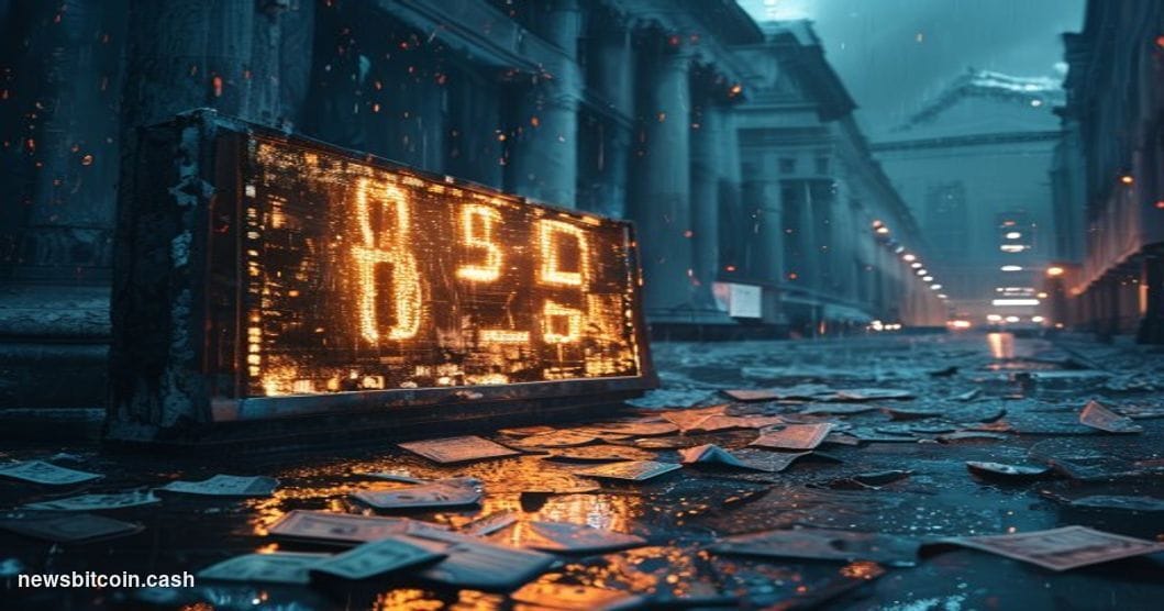 Cinematic photorealistic editorial photograph of a cracked and deteriorating stock market ticker board displaying "BTC $1,000
