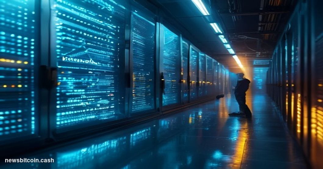 Cinematic photorealistic editorial photograph of a dramatic server room environment bathed in cool blue and deep teal lightin