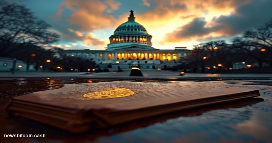 A cinematic photorealistic editorial photograph of the United States Capitol building at dusk, shot from a low angle with dra