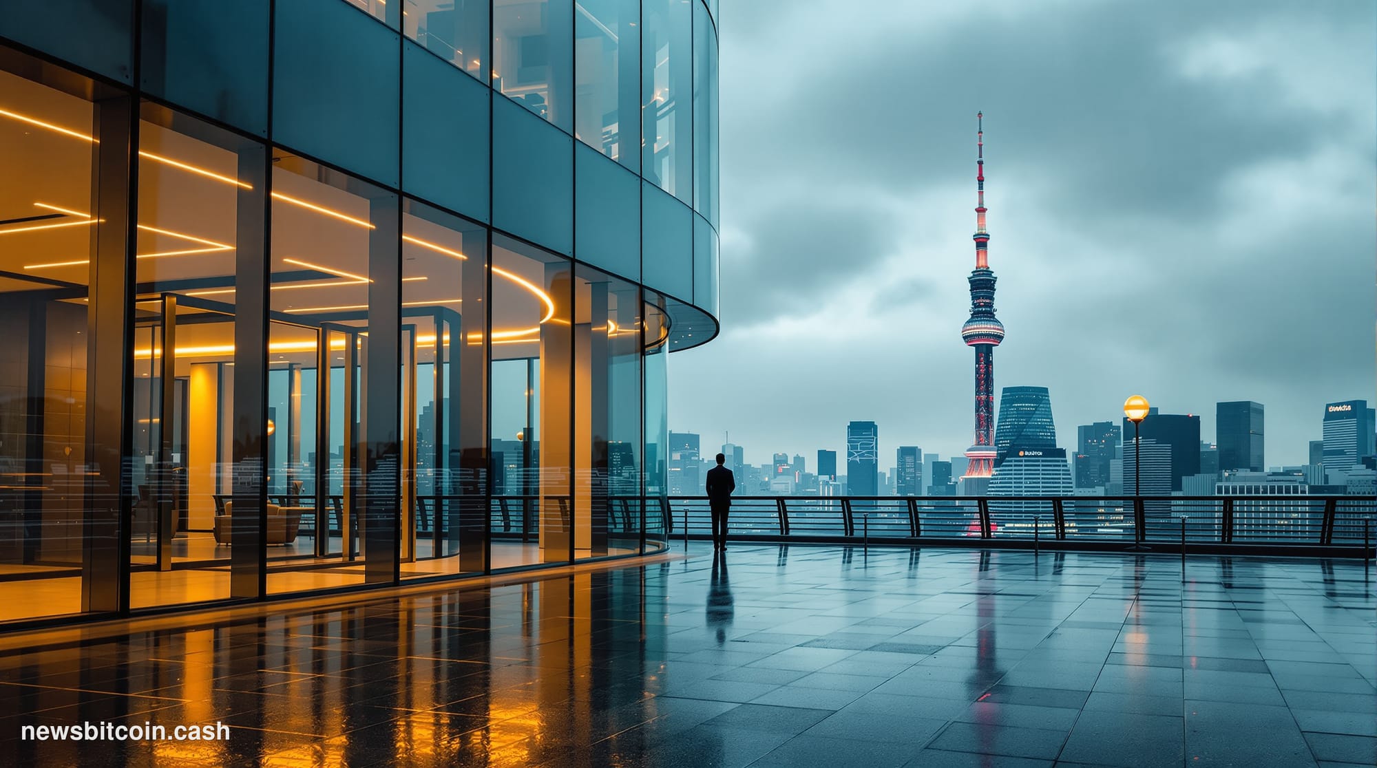 A cinematic photorealistic editorial photograph set in the financial district of Tokyo, Japan, with the iconic Tokyo Skytree 