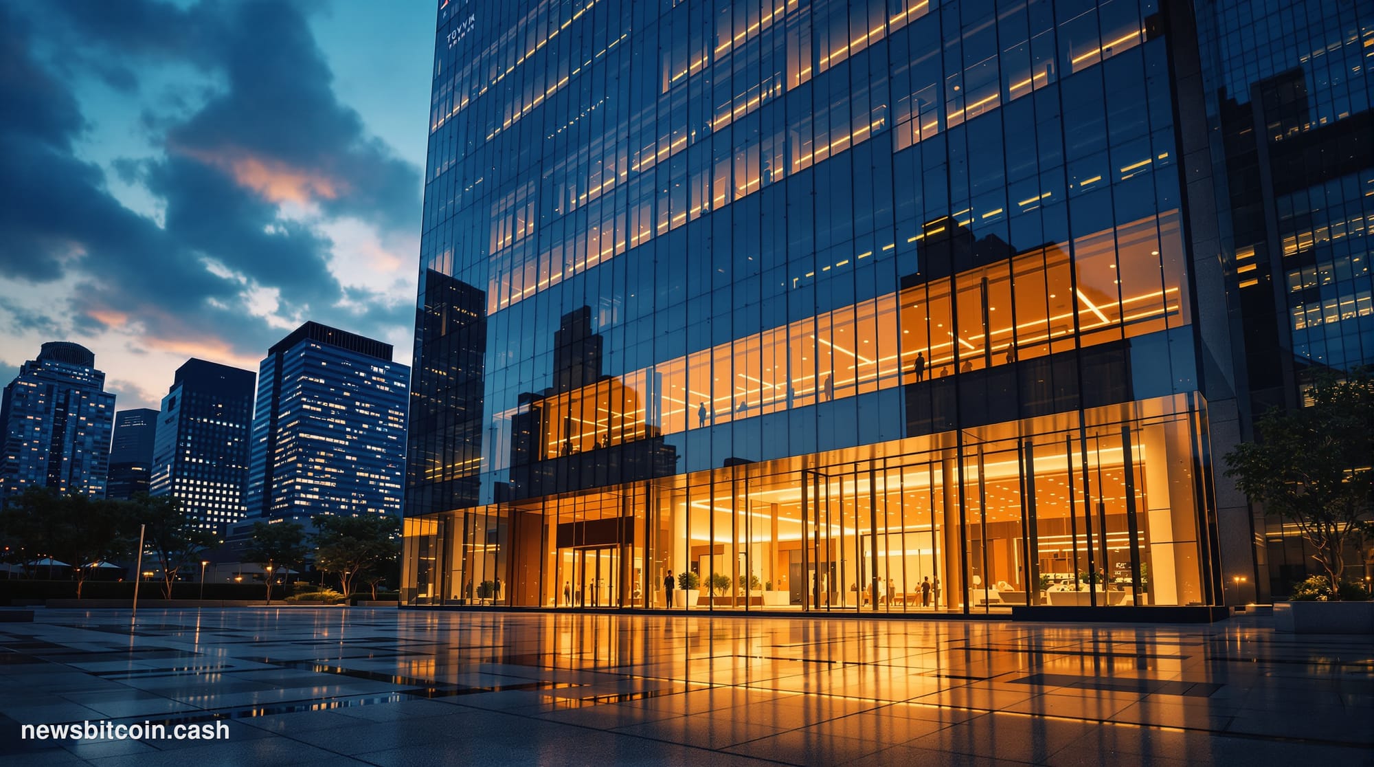 Cinematic photorealistic editorial photograph of Metaplanet's Tokyo corporate headquarters at dusk, shot from a low angle loo