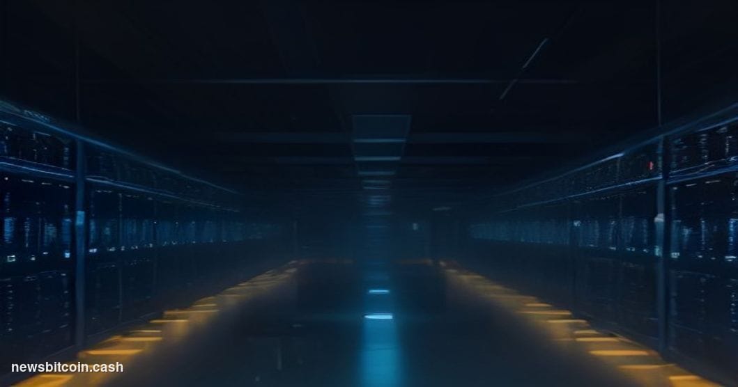 Cinematic photorealistic editorial photograph of a high-tech server room bathed in deep blue and amber emergency lighting, wi