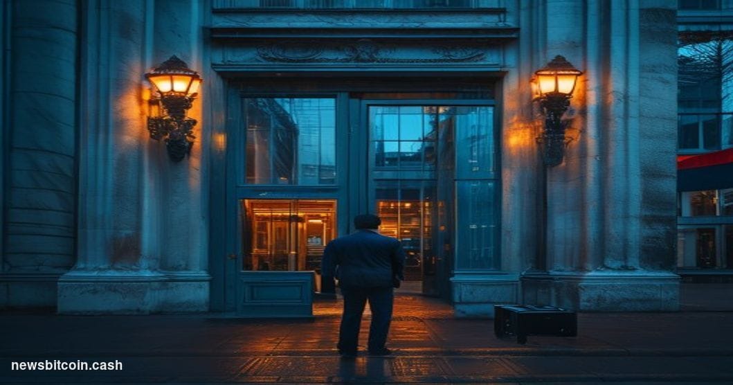 A cinematic photorealistic editorial photograph of a grand European financial district street — Brussels or Frankfurt's banki