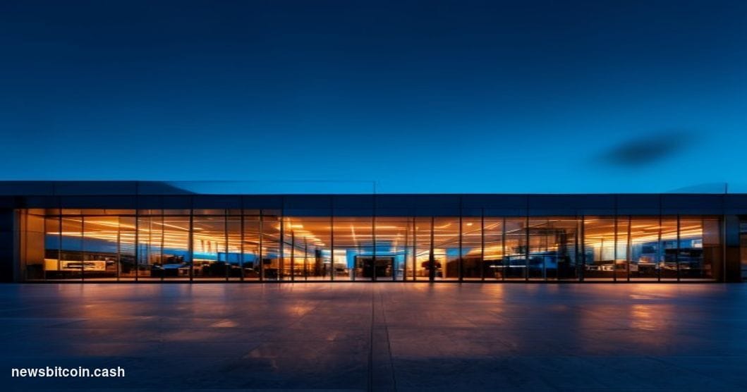 Cinematic photorealistic editorial photograph of a Microsoft corporate campus building exterior at dusk, shot from a low angl
