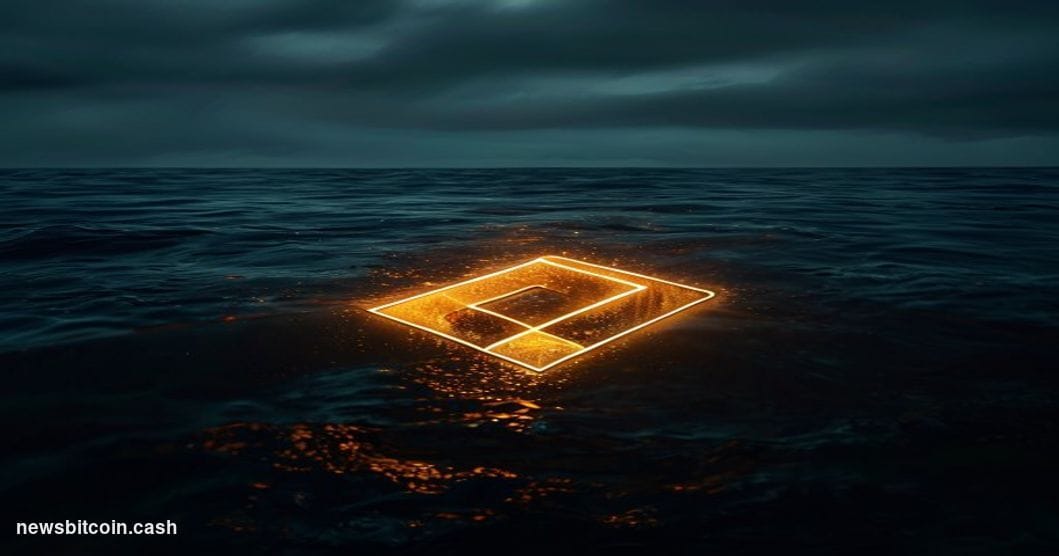Cinematic photorealistic editorial photograph of a large illuminated Bitcoin symbol half-submerged in dark water, shot at wat