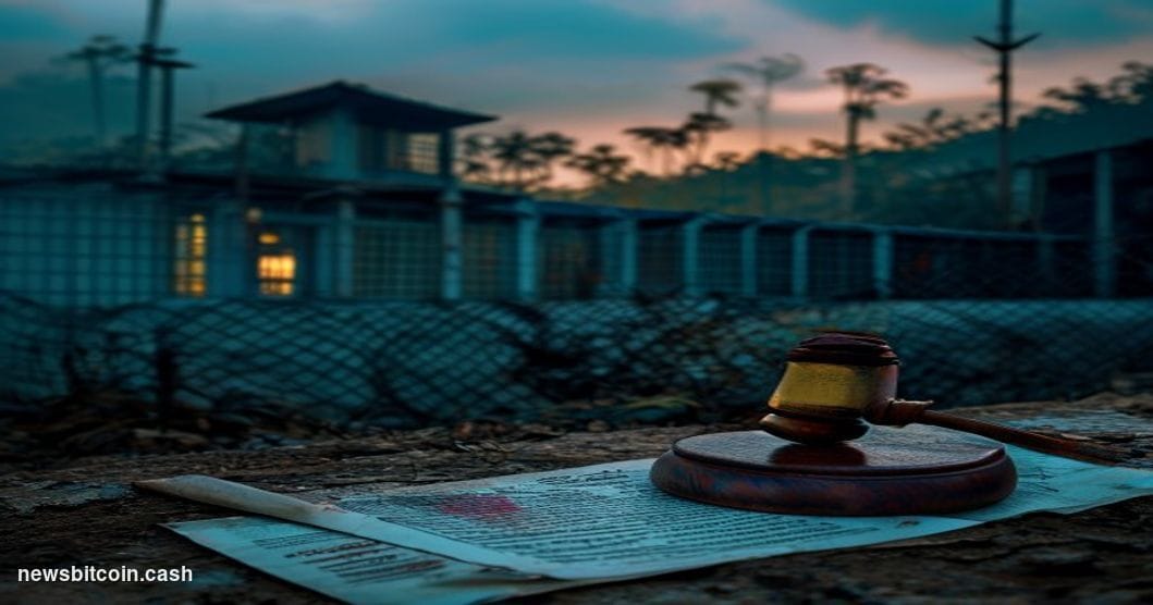 Cinematic photorealistic editorial photograph shot at dusk along the Thai-Myanmar border region, with shadowy industrial comp