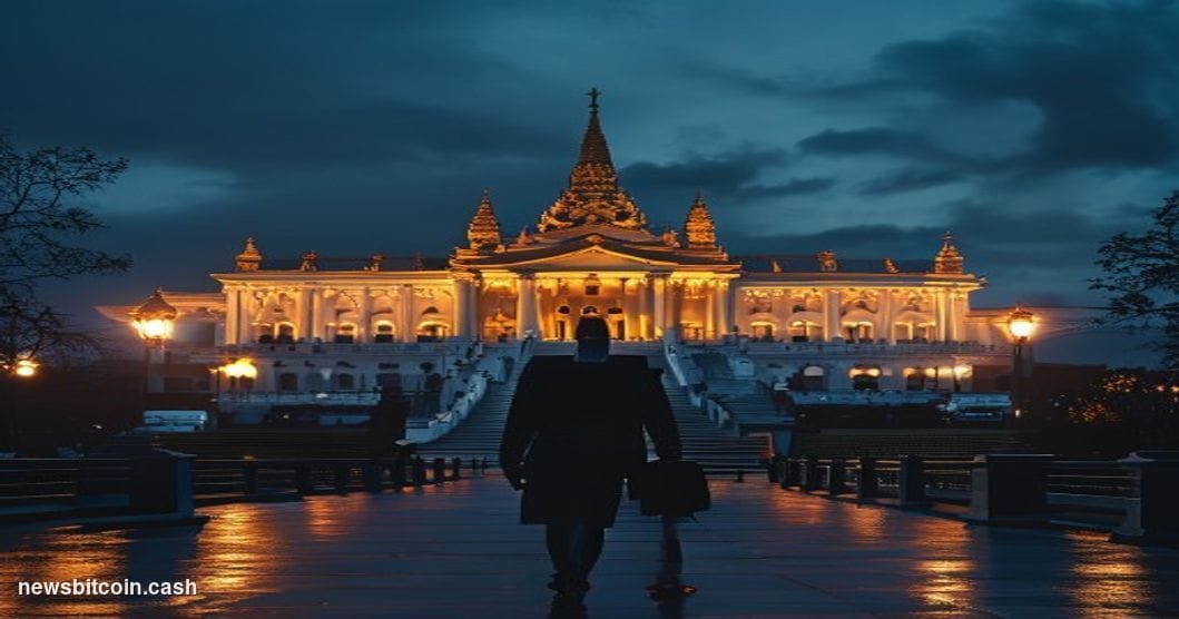 Cinematic photorealistic editorial photograph of Myanmar's Naypyidaw parliament building at dusk, the iconic Union Parliament