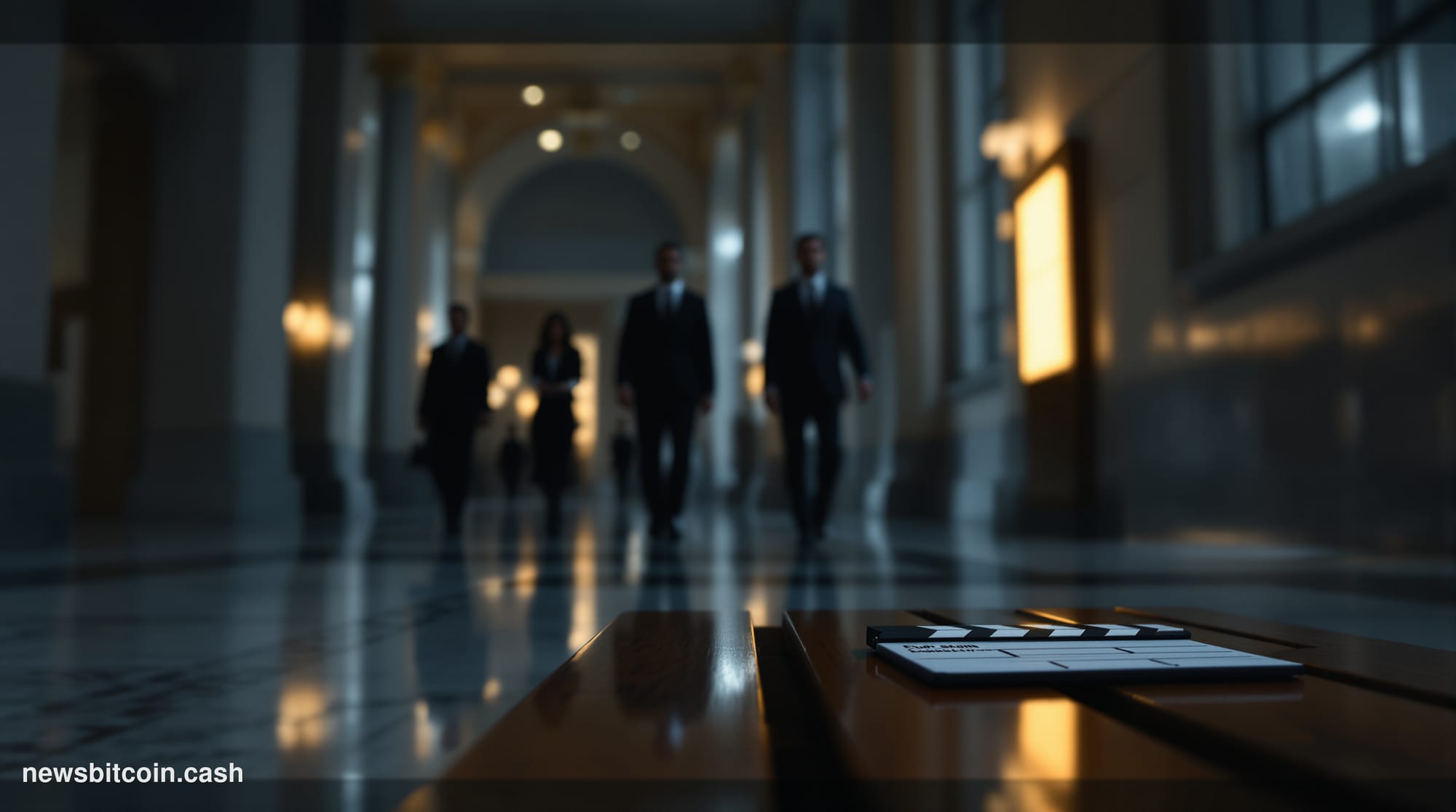 Cinematic photorealistic editorial photograph of a somber courtroom corridor in a United States federal courthouse, dramatic 