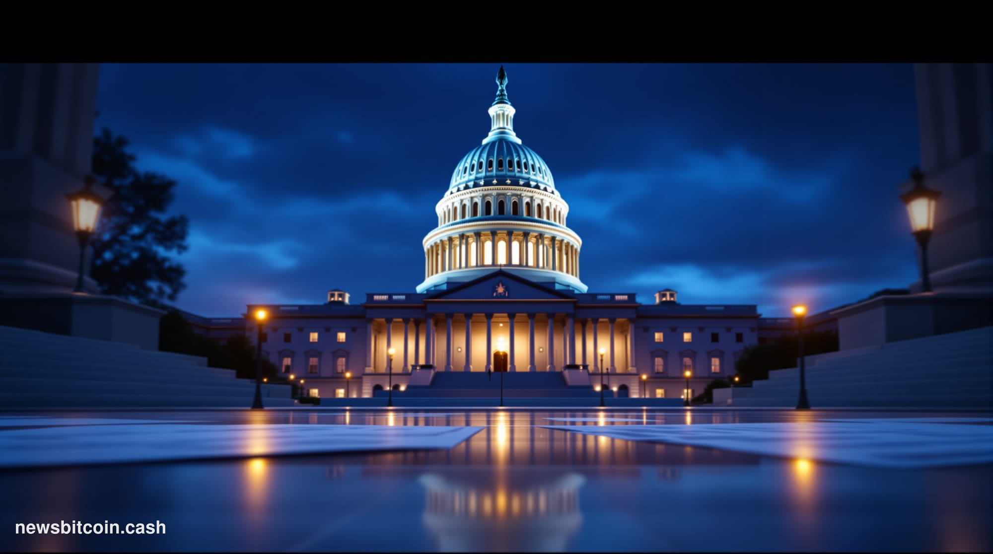 Cinematic photorealistic editorial photograph of the United States Capitol building in Washington D.C. at dusk, shot from a l