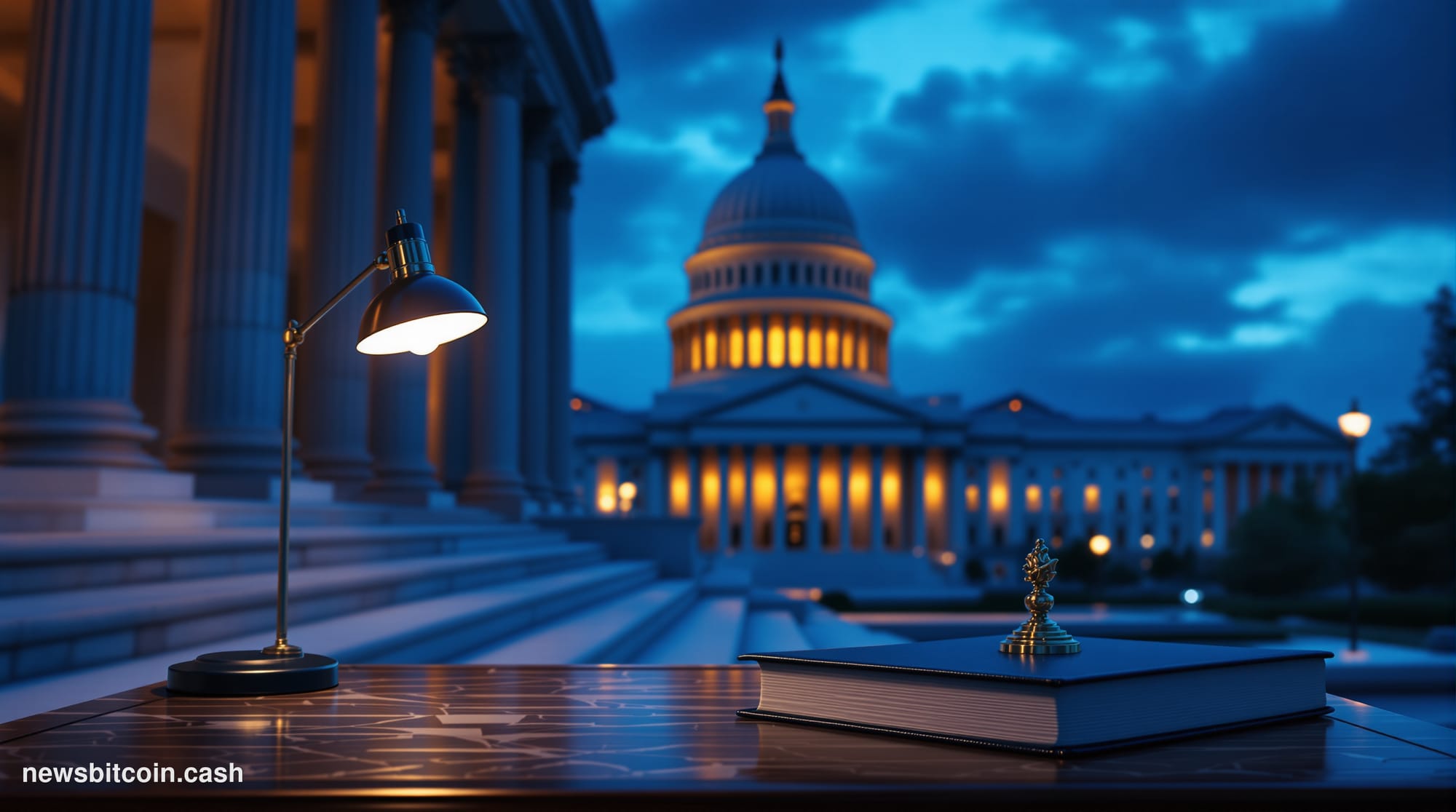 A cinematic photorealistic editorial photograph of the United States Capitol building at dusk, shot from a low angle on the S