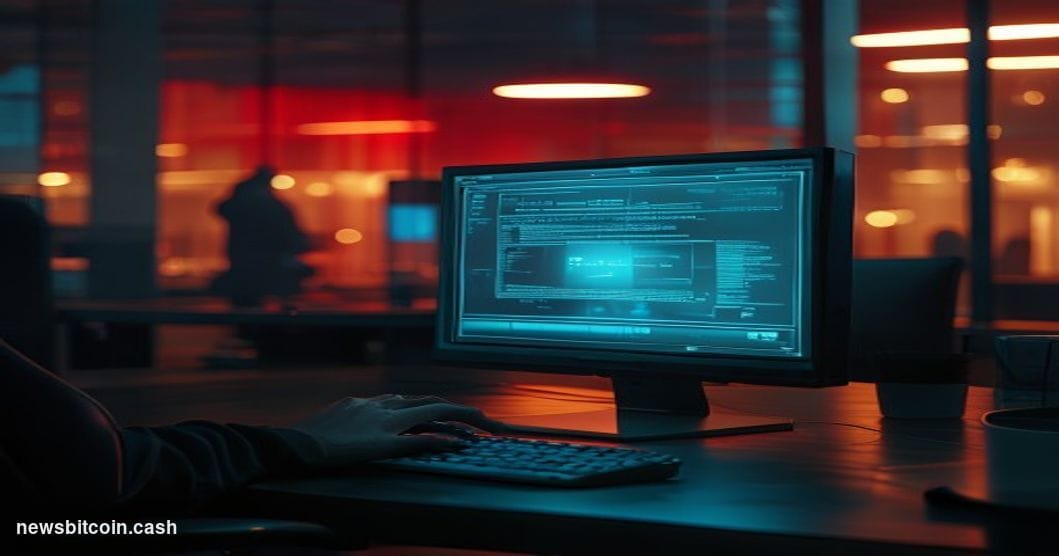 Cinematic photorealistic editorial photograph of a dimly lit corporate office at night, a single workstation glowing with a M