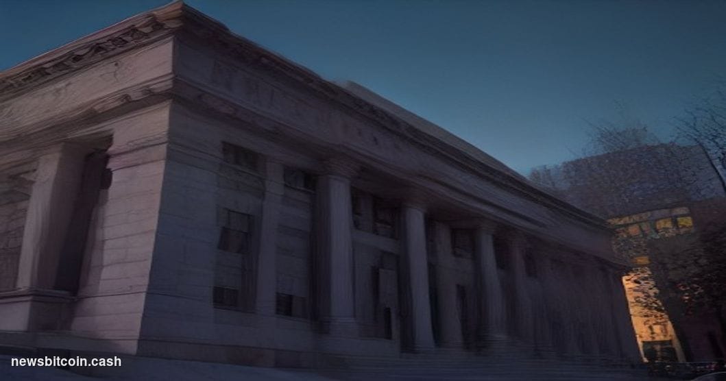Cinematic photorealistic editorial photograph of the New York Federal Reserve Bank's imposing Florentine Renaissance-style st
