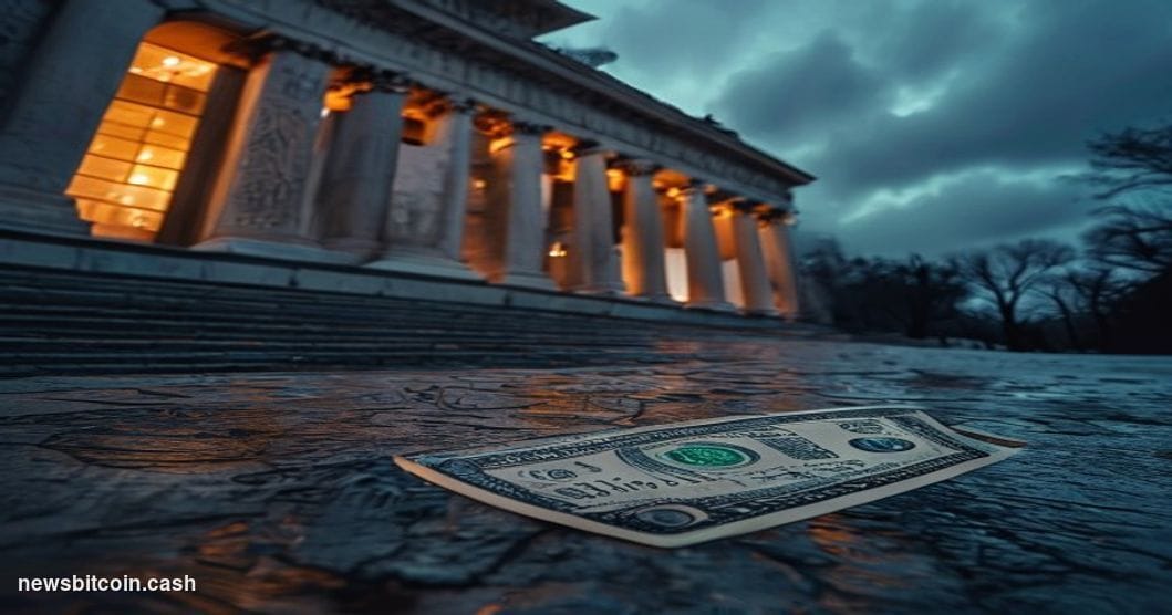 A cinematic photorealistic editorial photograph shot at a low angle looking up at the U.S. Treasury Department building in Wa