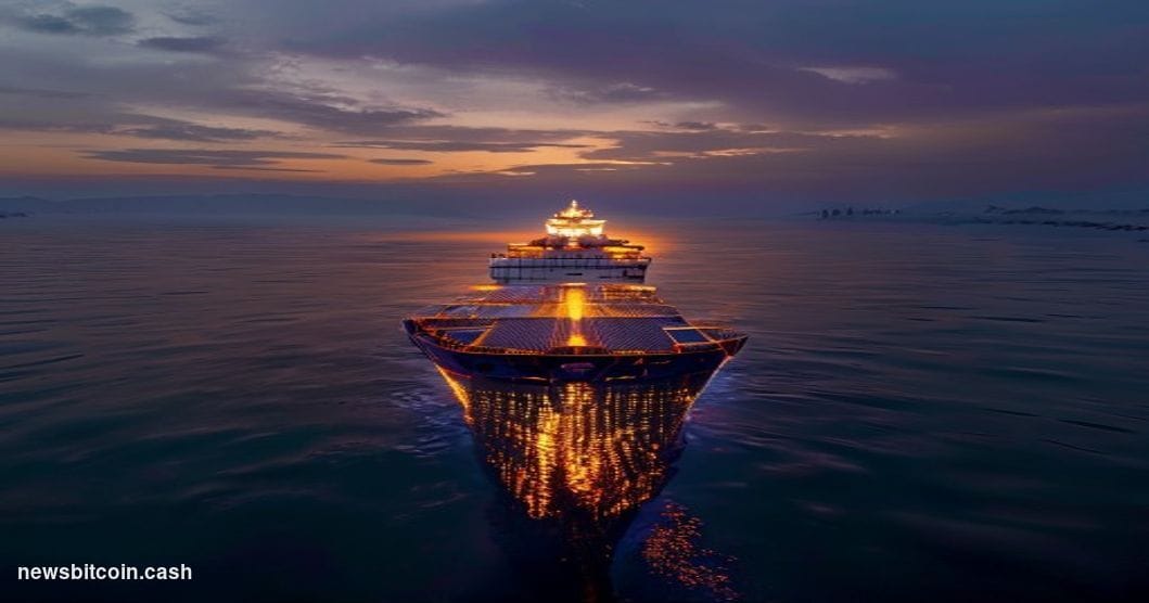 Cinematic photorealistic editorial photograph of a massive commercial cargo vessel navigating the narrow, oil-dark waters of 