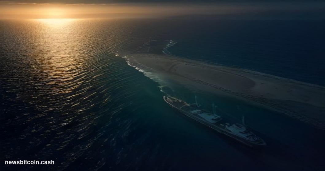 Cinematic photorealistic editorial photograph of the Strait of Hormuz viewed from a low aerial angle at dusk, with a massive 