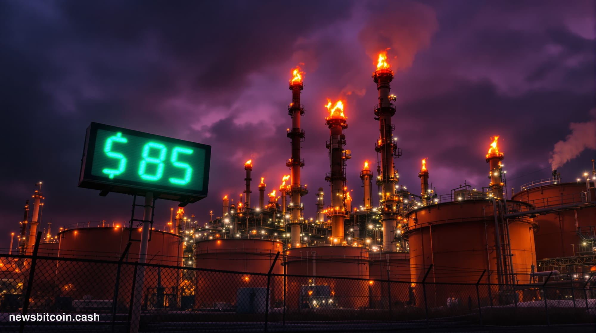 A cinematic photorealistic editorial photograph shot at a sprawling Texas oil refinery at dusk, with massive cylindrical stor