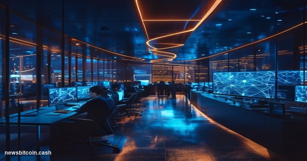 A cinematic photorealistic editorial photograph of a sleek, dimly lit financial technology operations center, with curved row