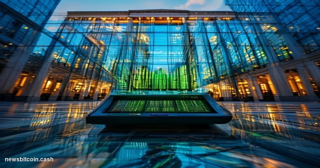 A cinematic photorealistic editorial photograph shot at low angle looking up at the facade of a glass-and-steel financial dis