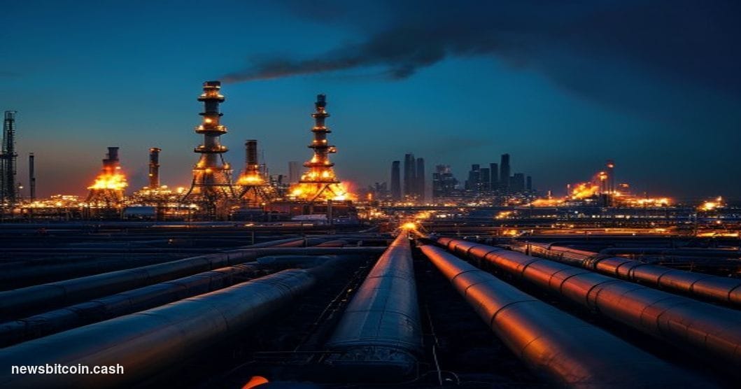 Cinematic photorealistic editorial photograph of a large oil refinery complex at dusk, with towering flare stacks casting war