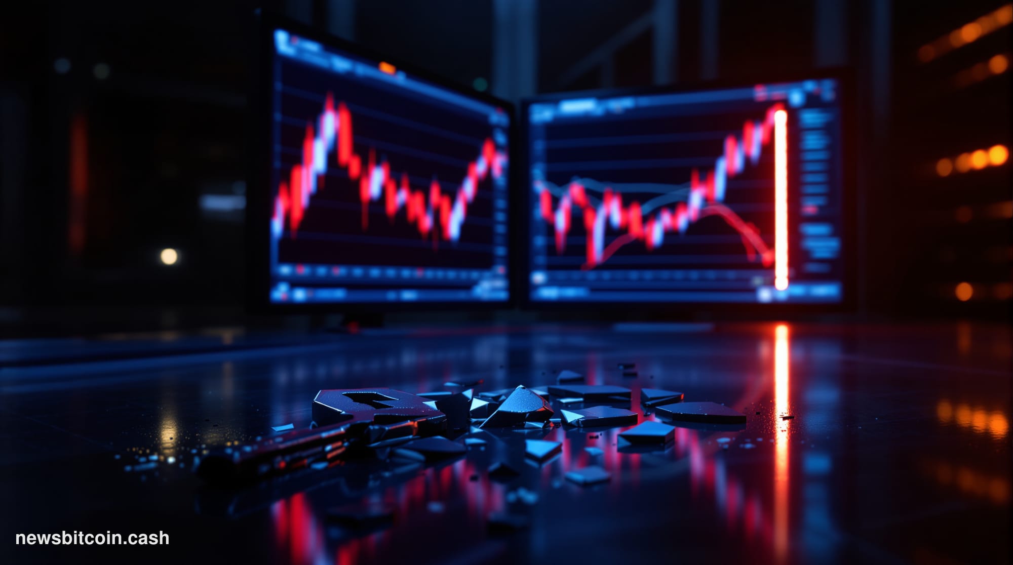 A cinematic photorealistic editorial photograph of a glowing digital trading terminal in a darkened server environment, scree