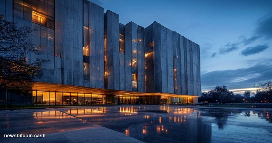 Cinematic photorealistic editorial photograph of the SEC headquarters building in Washington D.C. — the brutalist concrete an
