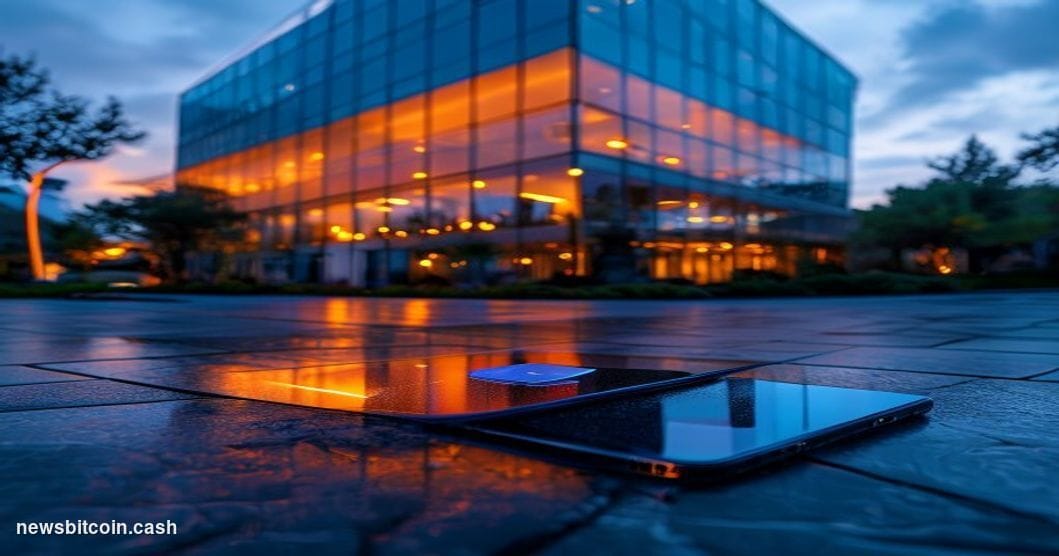 Cinematic photorealistic editorial photograph of PayPal's San Jose headquarters campus exterior at dusk, dramatic low-angle s