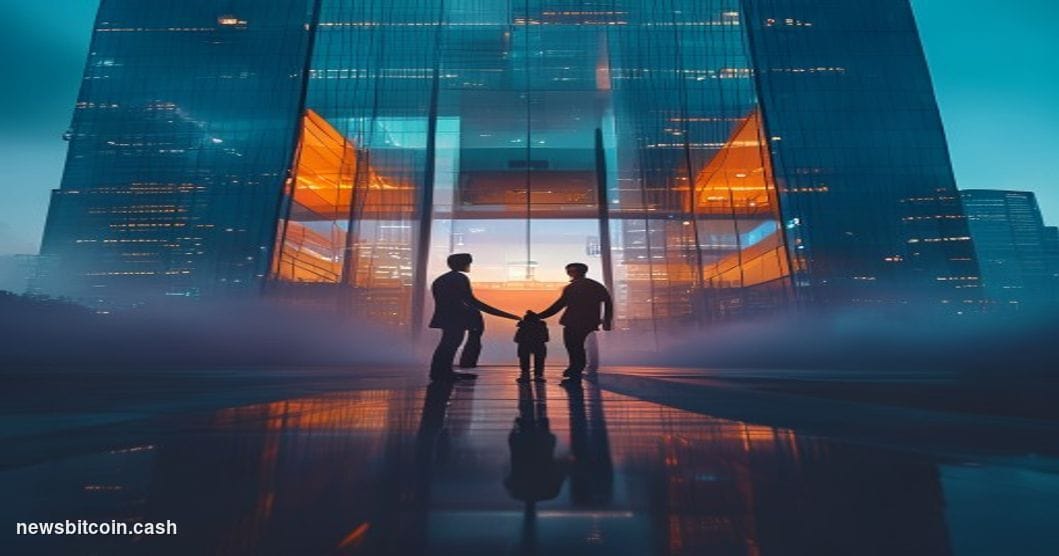 Cinematic photorealistic editorial photograph of a sleek corporate technology deal environment, shot from a low angle looking