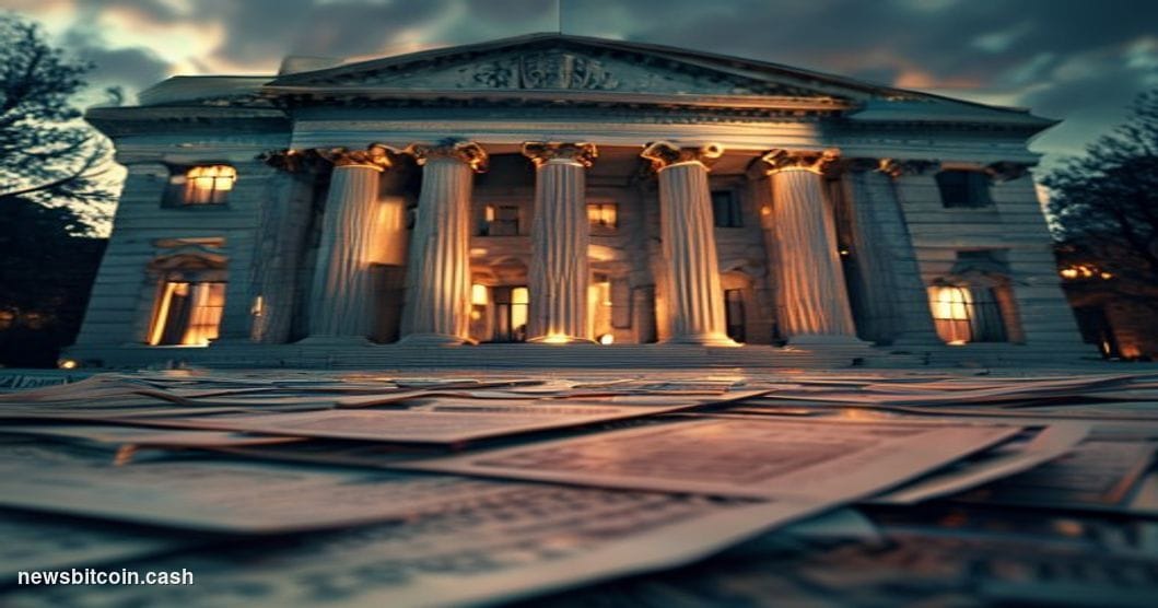 A cinematic photorealistic editorial photograph of the U.S. Treasury building in Washington D.C. at dusk, shot from a low wid