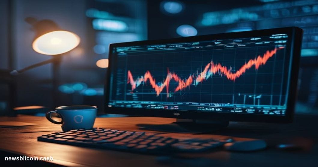 A cinematic photorealistic editorial photograph of a digital trading terminal screen in a dimly lit trading room, displaying 
