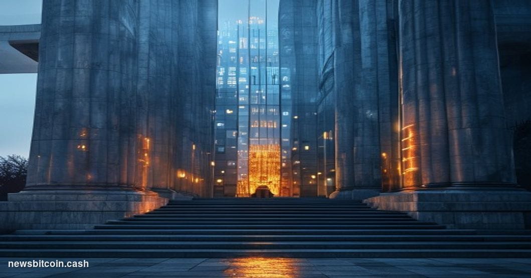 A cinematic photorealistic editorial photograph shot from a low angle looking up at a federal regulatory building facade — ma