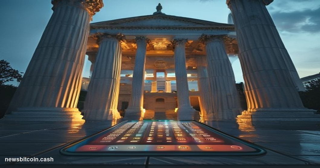 A cinematic photorealistic editorial photograph shot at ground level looking up at a federal regulatory building in Washingto