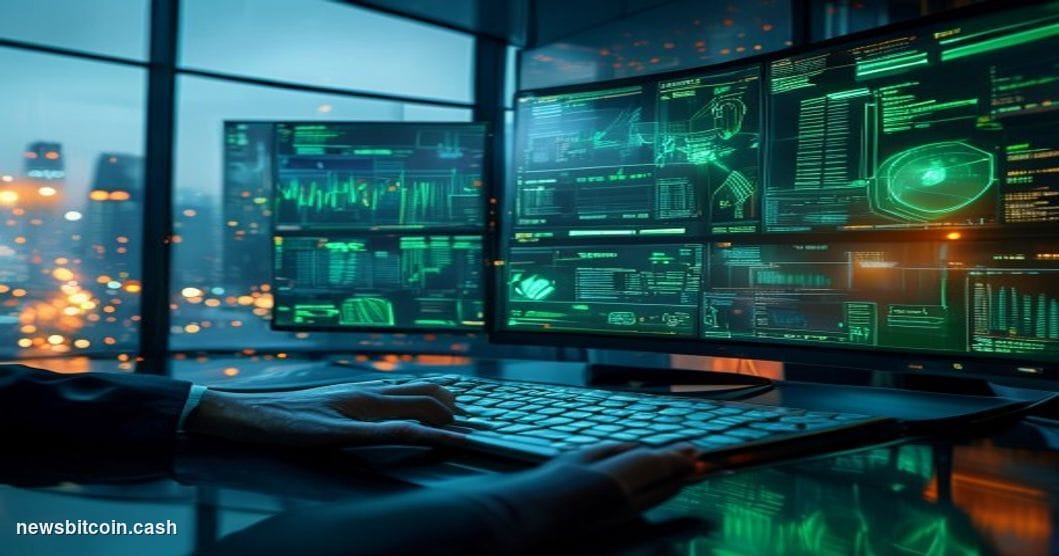 A cinematic photorealistic editorial photograph set inside a dimly lit trading operations center, with multiple curved monito
