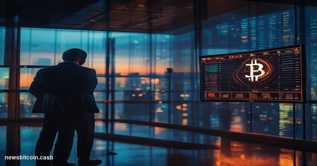 Cinematic photorealistic editorial photograph of a weathered financial trading floor viewed through floor-to-ceiling glass wi
