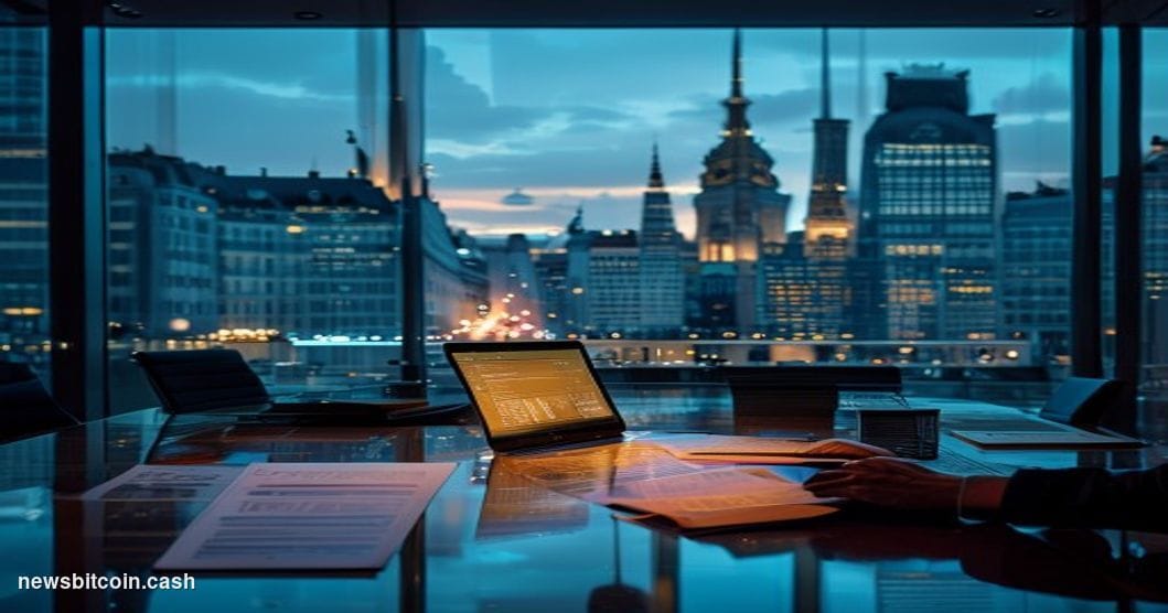 Cinematic photorealistic editorial photograph of a sleek modern law firm office interior in Brussels or Frankfurt, dramatic d