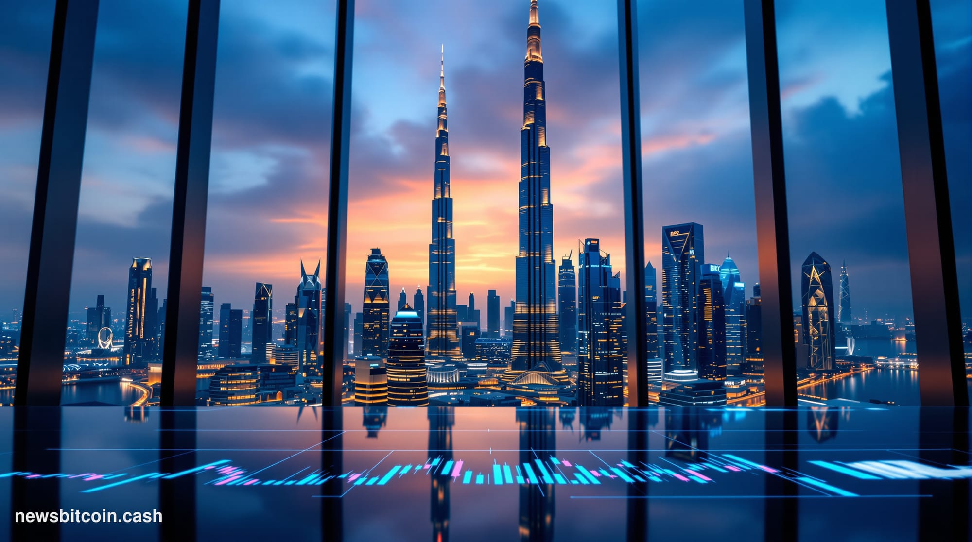 Cinematic photorealistic editorial photograph of Dubai's gleaming financial district skyline at dusk, with the iconic Burj Kh