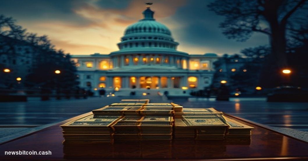 Cinematic photorealistic editorial photograph of the United States Capitol building at dusk, shot from a low angle looking up
