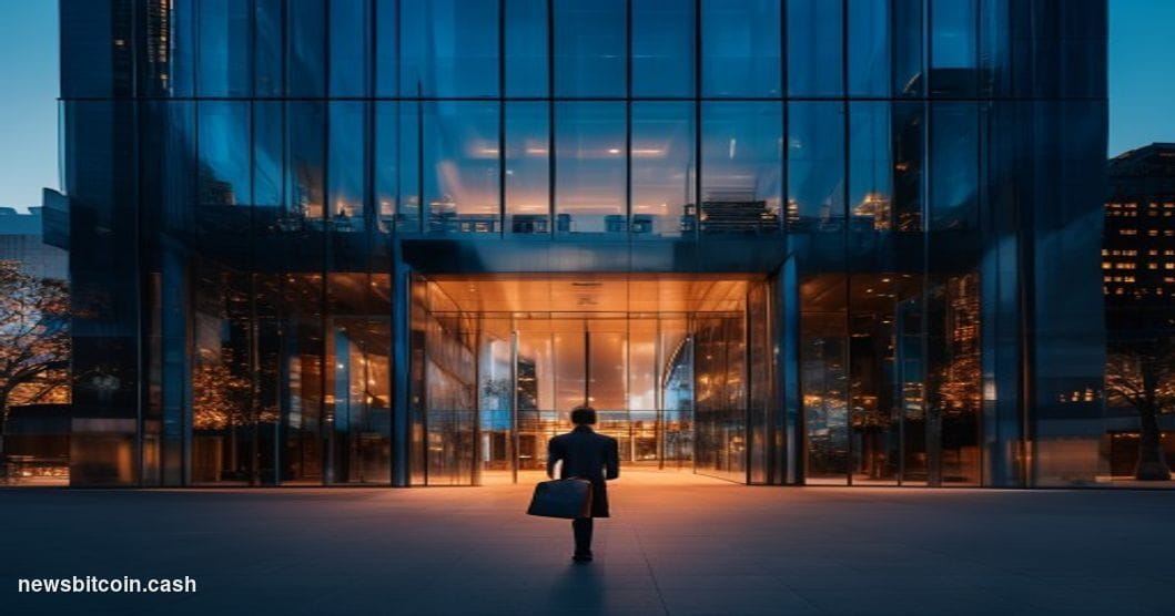 Cinematic photorealistic editorial photograph of Ripple's San Francisco headquarters exterior at dusk, dramatic low-angle sho