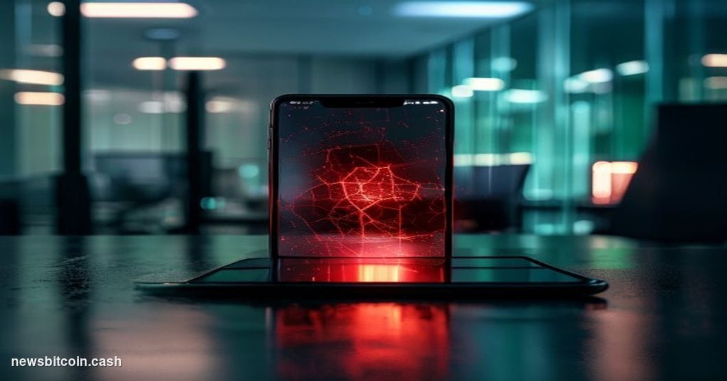 Cinematic photorealistic editorial photograph of a cracked smartphone screen displaying a social media profile page with a CE