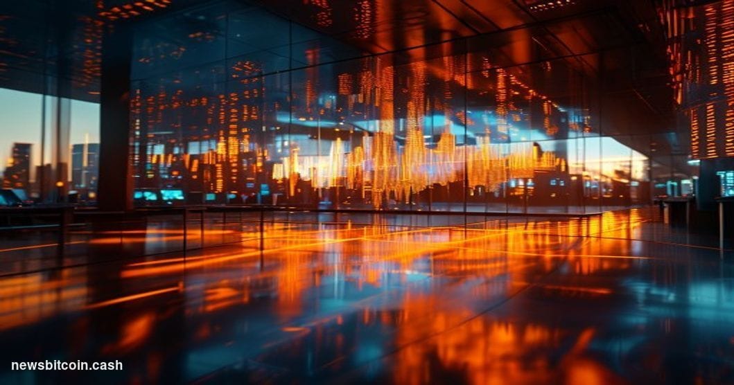 A cinematic photorealistic editorial photograph of a gleaming modern trading floor environment at golden hour, with a large c