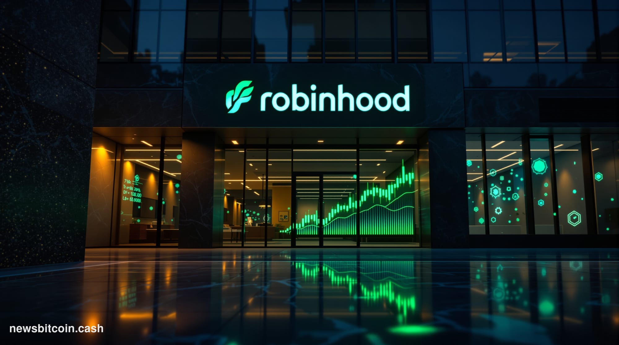 Cinematic photorealistic editorial photograph of Robinhood's Menlo Park or New York office exterior at dusk, with the distinc