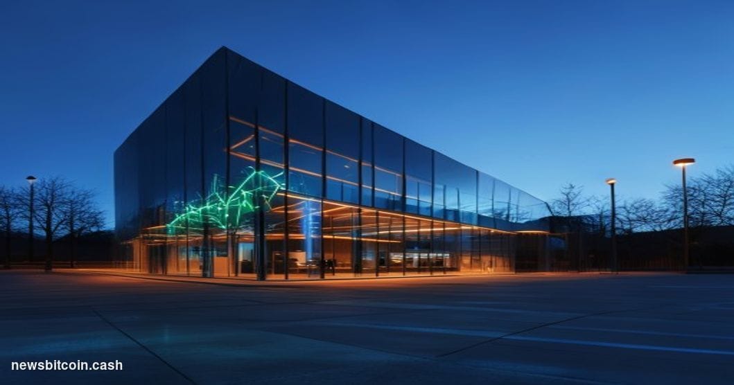 Cinematic photorealistic editorial photograph of Robinhood's Menlo Park office exterior at dusk, its minimalist glass facade 