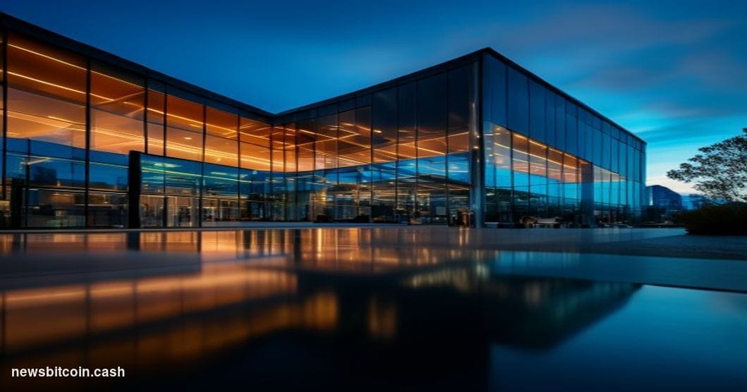 Cinematic photorealistic editorial photograph of Robinhood's Menlo Park headquarters exterior at dusk, the company's recogniz