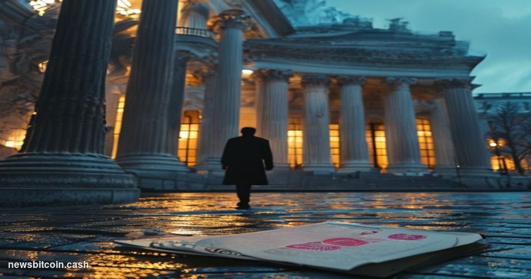 A cinematic photorealistic editorial photograph shot at dusk outside a grand Russian government building — dark neoclassical 